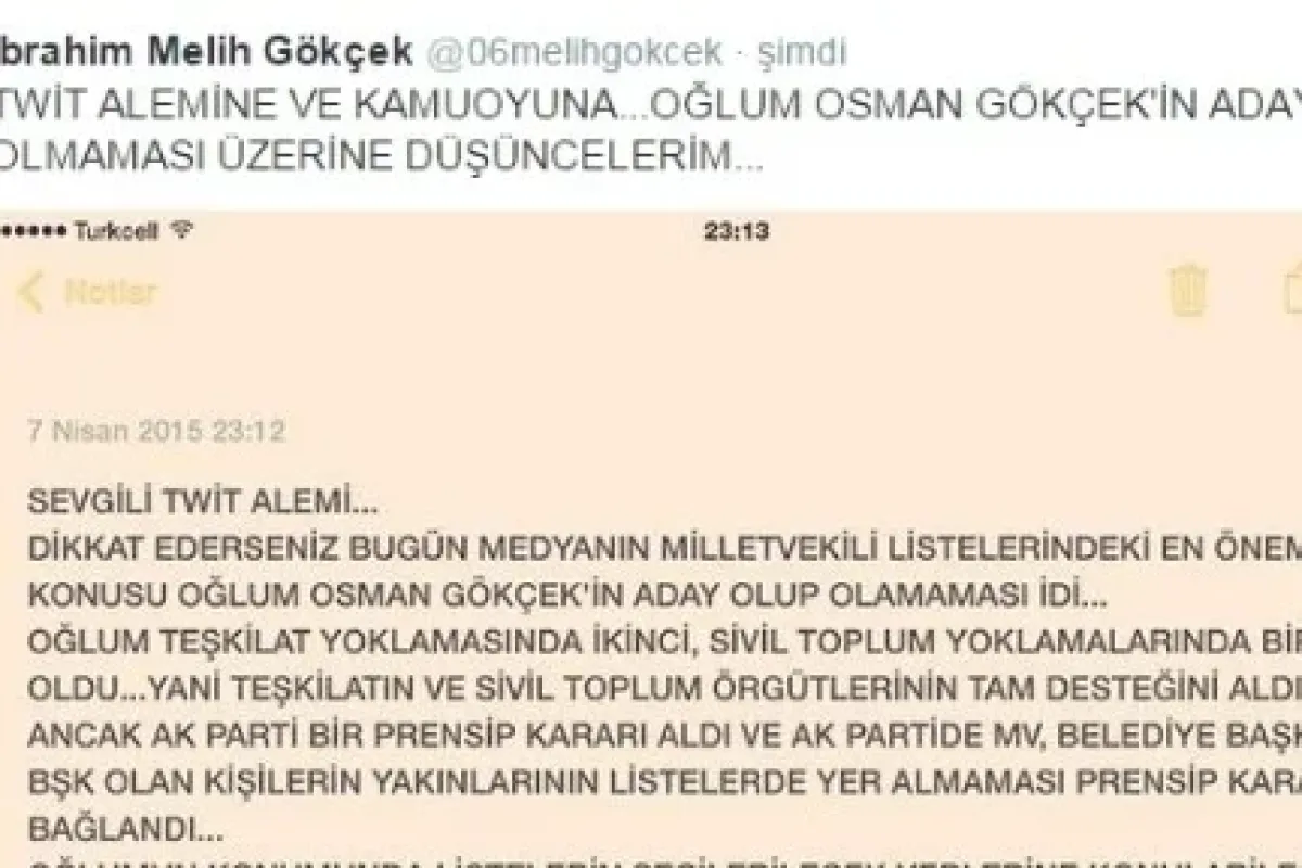 ’’Oğlum Osman Gökçek’in aday olmaması üzerine düşüncelerim’’
