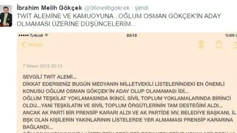 ’’Oğlum Osman Gökçek’in aday olmaması üzerine düşüncelerim’’