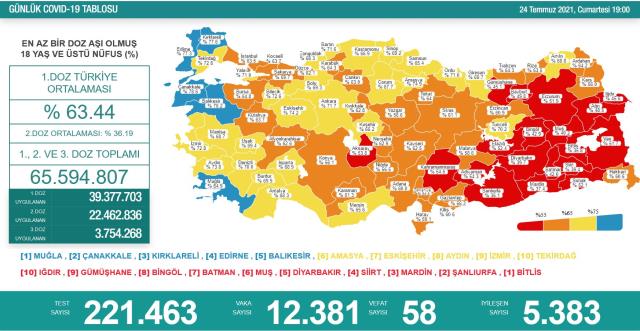 Son Dakika: Türkiye'de 24 Temmuz günü koronavirüs nedeniyle 58 kişi vefat etti, 12 bin 381 yeni vaka tespit edildi