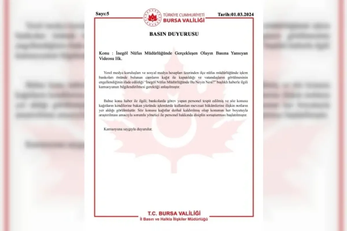 İnegöl Nüfus Müdürlüğü'nde yaşanan olayla ilgili Bursa Valiliği açıklama yaptı
