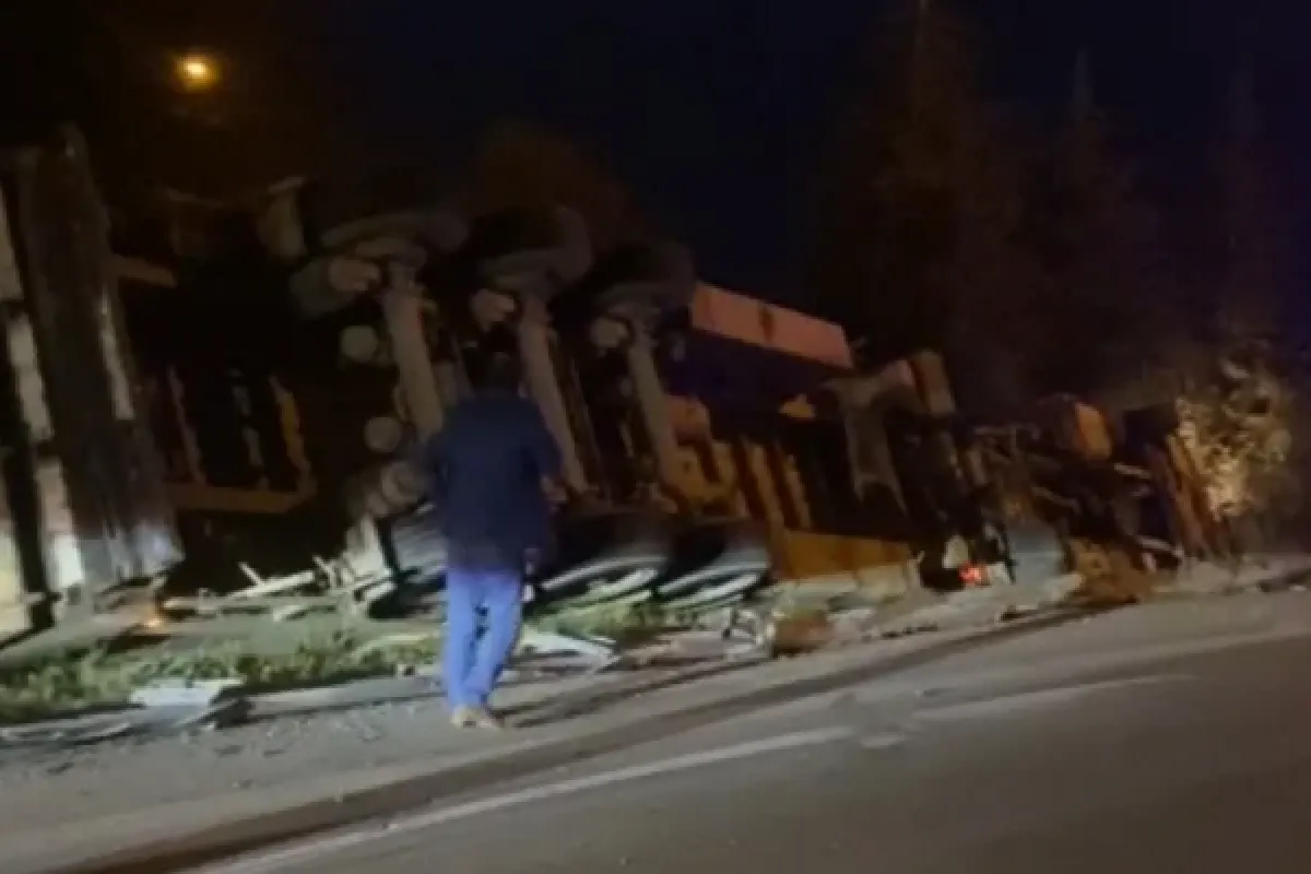 Kontrolden çıkan TIR devrildi