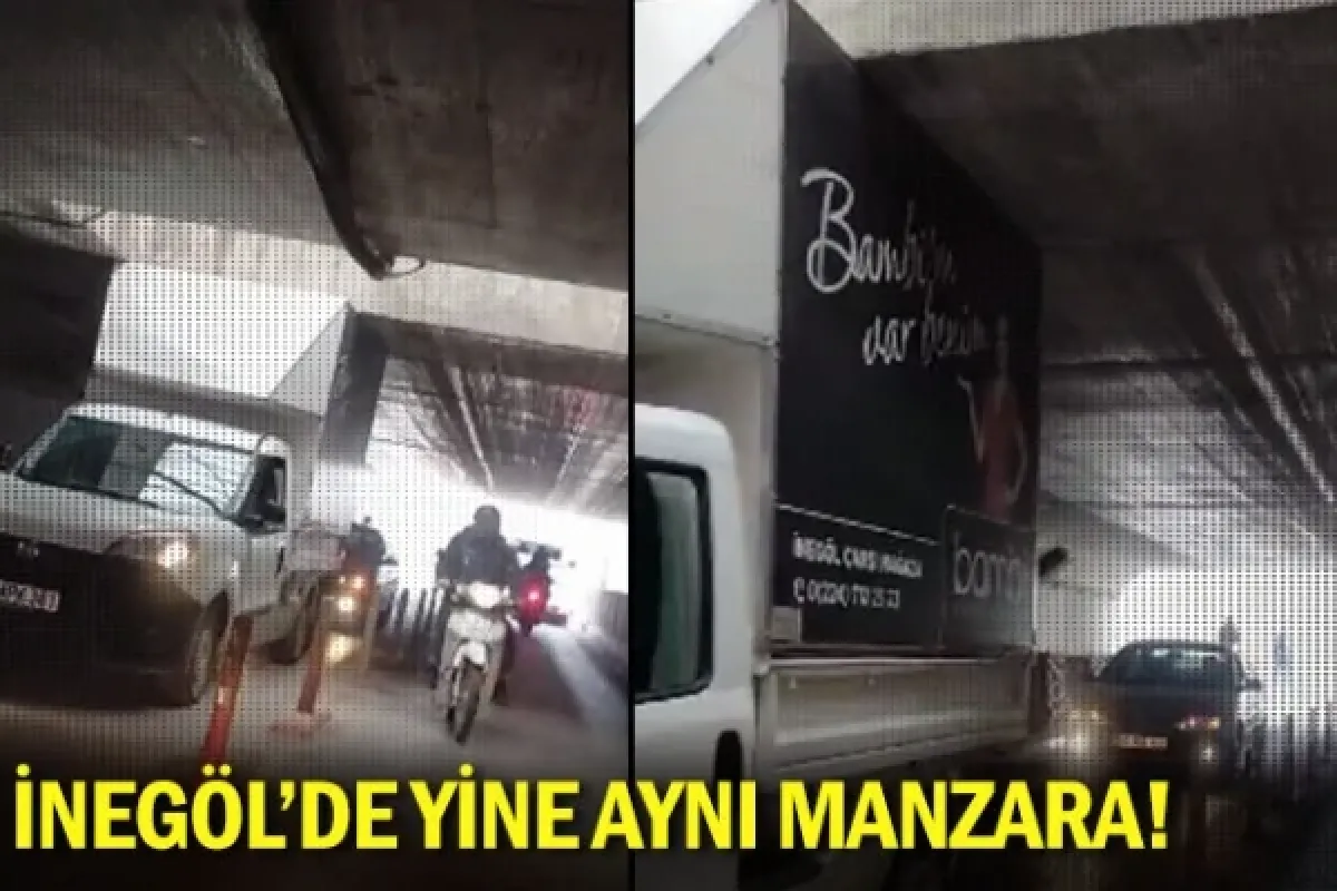 Kamyonet alt geçide sıkıştı!