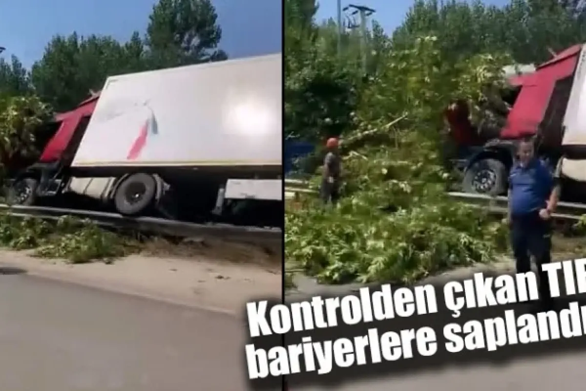 Kontrolden çıkan TIR bariyerlere saplandı!