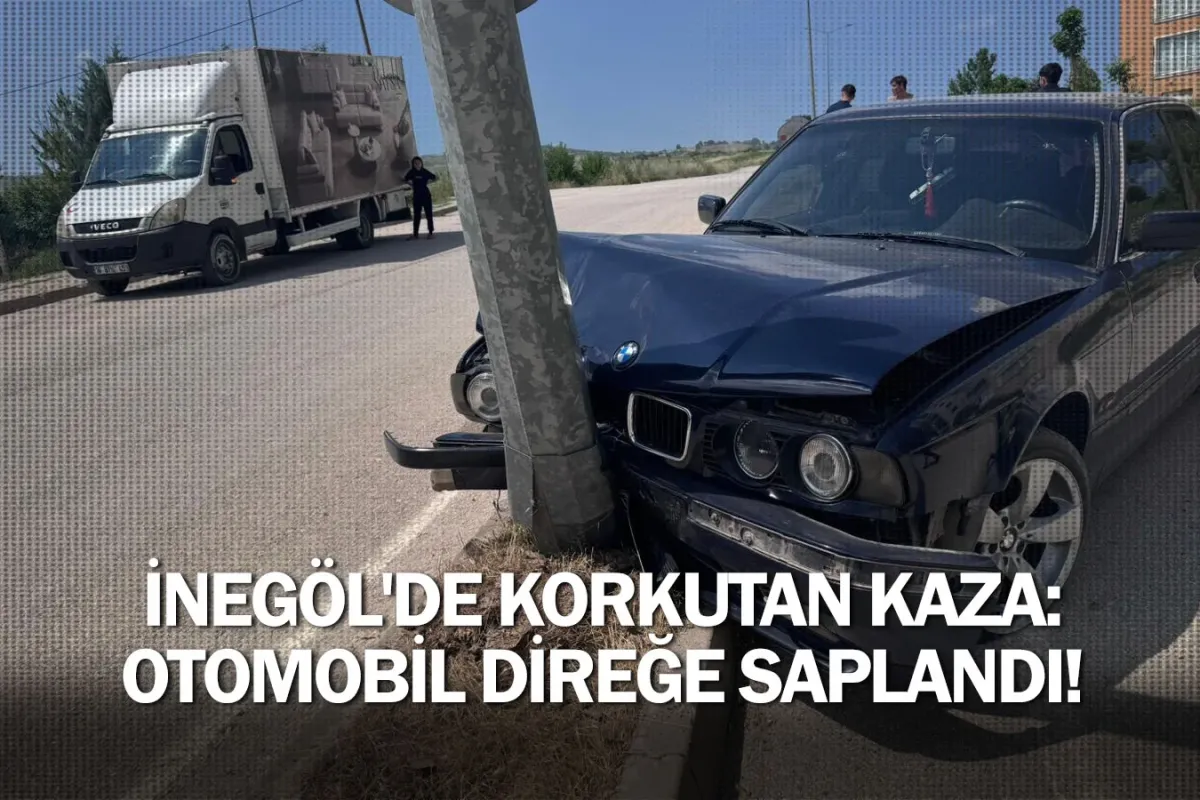İnegöl'de korkutan kaza: Otomobil direğe saplandı!