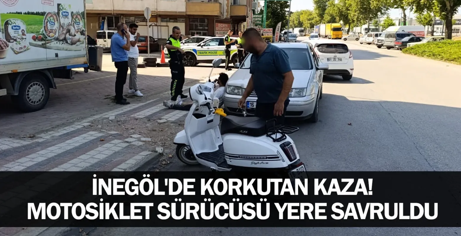 İnegöl'de korkutan kaza! Motosiklet sürücüsü yere savruldu