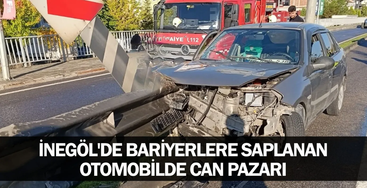 İnegöl'de bariyerlere saplanan otomobilde can pazarı