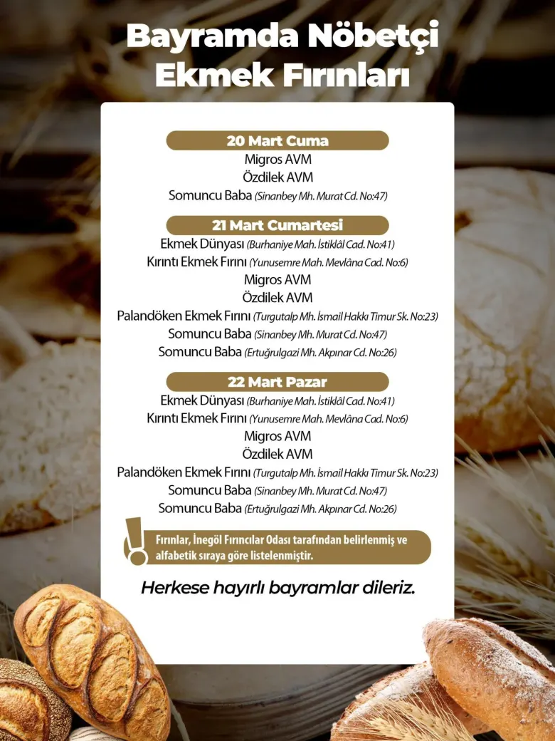 Ramazan Bayramı Nöbetçi Fırın Listesi Belli Oldu