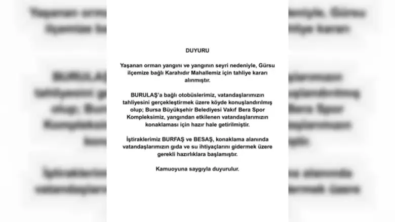 Bursa’da yangın sebebiyle Karahıdır Mahallesi boşaltılıyor