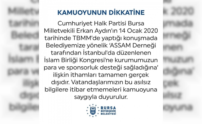 Bursa Büyükşehir Belediyesi CHP’li Aydın’ın iddialarını yalanladı