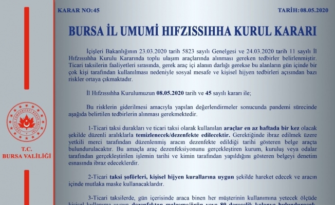 Bursa’da taksiciler için korona virüs kararları açıklandı