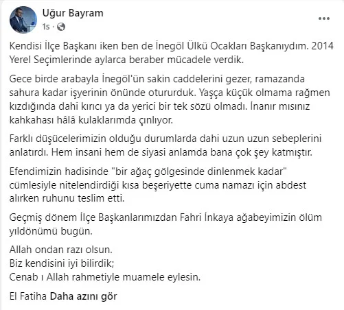 Uğur Bayram'dan Fahri İnkaya'nın ölüm yıl dönümünde duygusal mesaj Uğur Bayram'dan Fahri İnkaya'nın ölüm yıl dönümünde duygusal mesaj