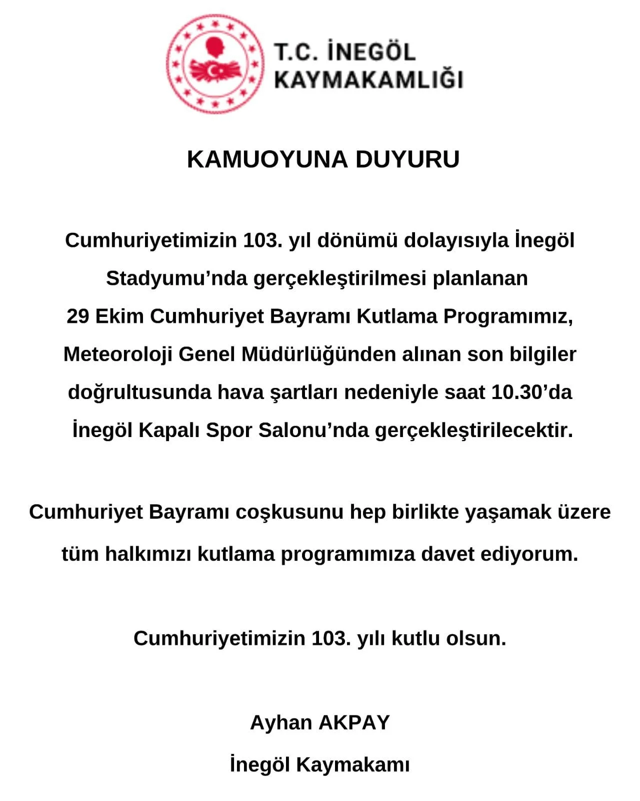 29 Ekim Cumhuriyet Bayramı Törenlerinin Yeri Değişti